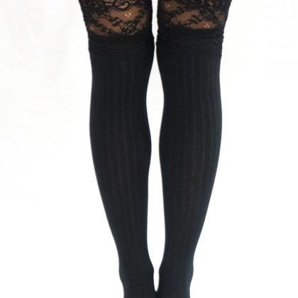Thigh Lace Knit Knee High Socks Boot Socks -Black on Luulla