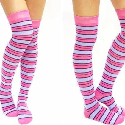 Pink & Violet Striped Over The Knee Socks on Luulla