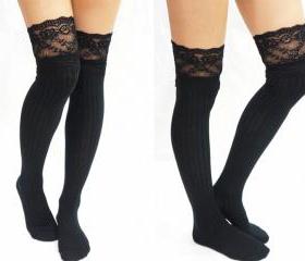 knee high black lace socks