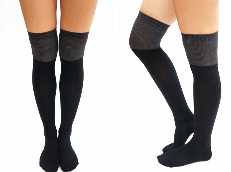 Two Tone Knitted Thigh High Knee Socks /Tights -Dark Grey on Luulla