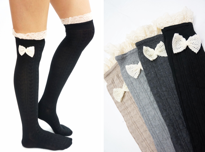 knee high black bow socks