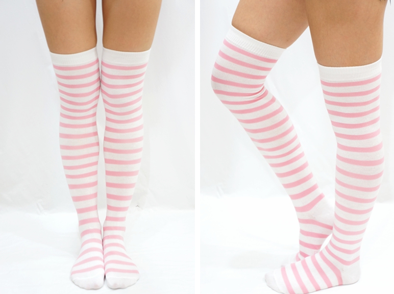 Pastel Pink & White Striped Lolita Thigh High Socks on Luulla
