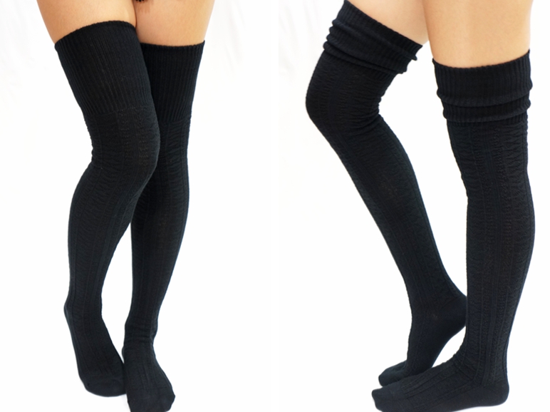 Cozy Cable Knit Thigh High Socks Boot Socks Black on Luulla