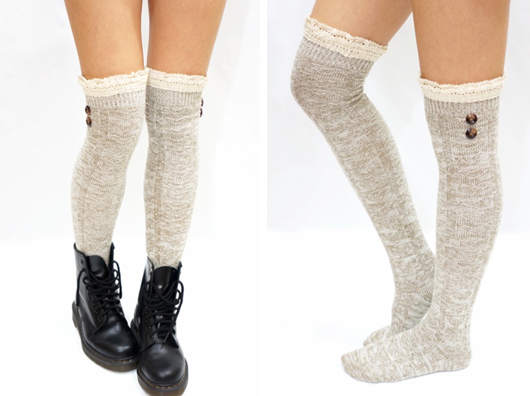 Lace Trim Button Knit Over Knee Boot Socks on Luulla
