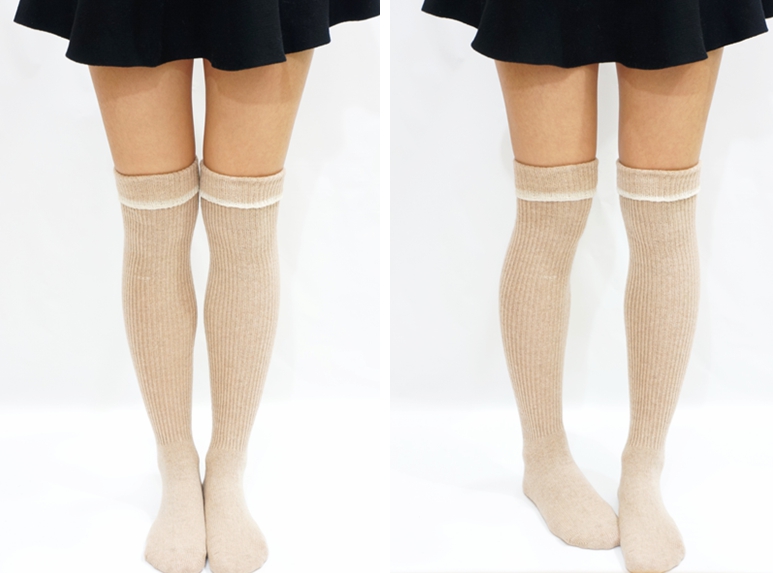 White Trim Sailor Knitted Knee High Socks -Beige