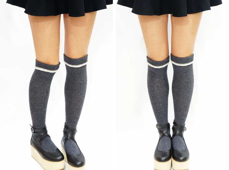 White Trim Sailor Knitted Knee High Socks - Dark Grey on Luulla