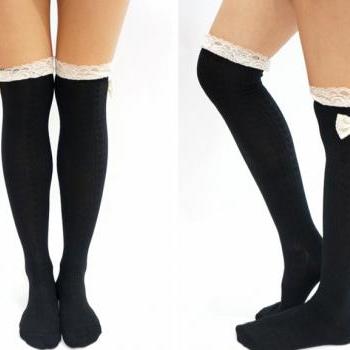 knee high black bow socks