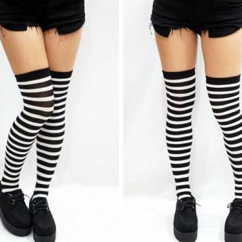 B&W Striped Cosplay Thigh High Socks on Luulla