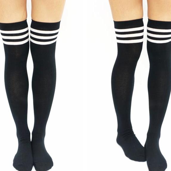 JK White Stripe Cotton Thigh High Socks - Black on Luulla