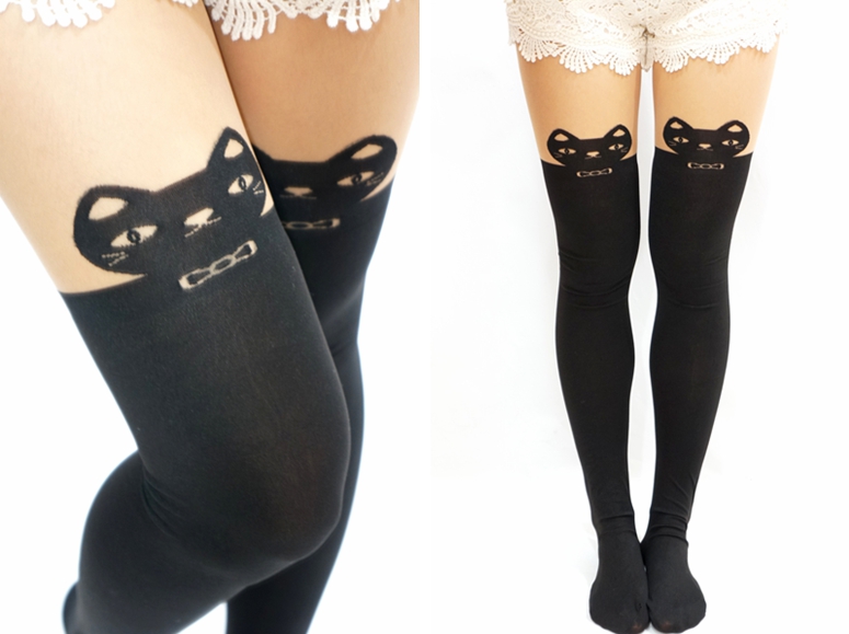Bow Tie Kitty Cat Thigh High Tights on Luulla