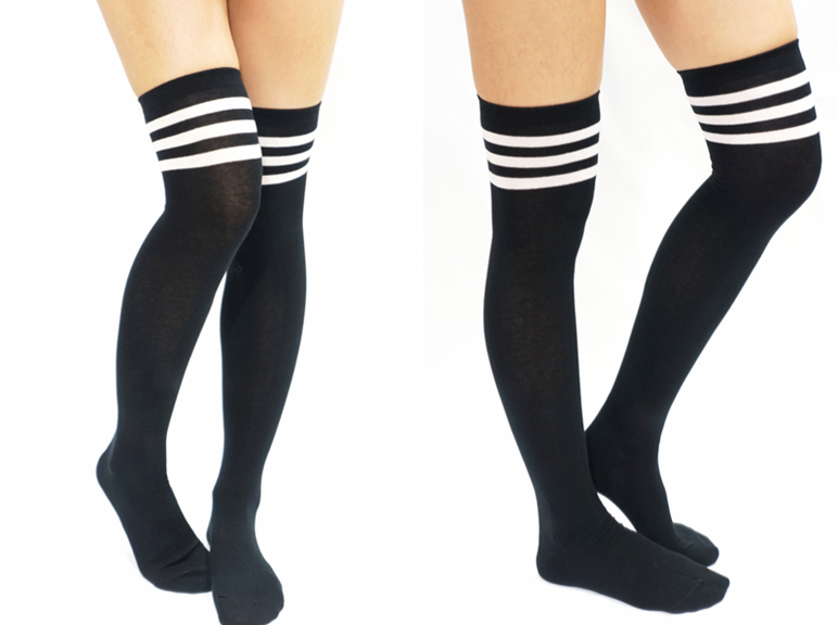 JK White Stripe Cotton Thigh High Socks - Black on Luulla